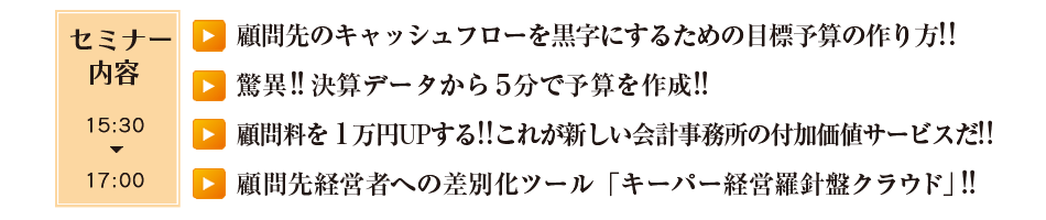 セミナー内容
    顧問先のキャッシュフローを黒字にするための目標予算の作り方!!
    驚異!!決算データから5分で予算を作成!!
    顧問料を1万円UPする!!これが新しい会計事務所の付加価値サービスだ!!
    顧問先経営者への差別化ツール「キーパー経営羅針盤クラウド」!!